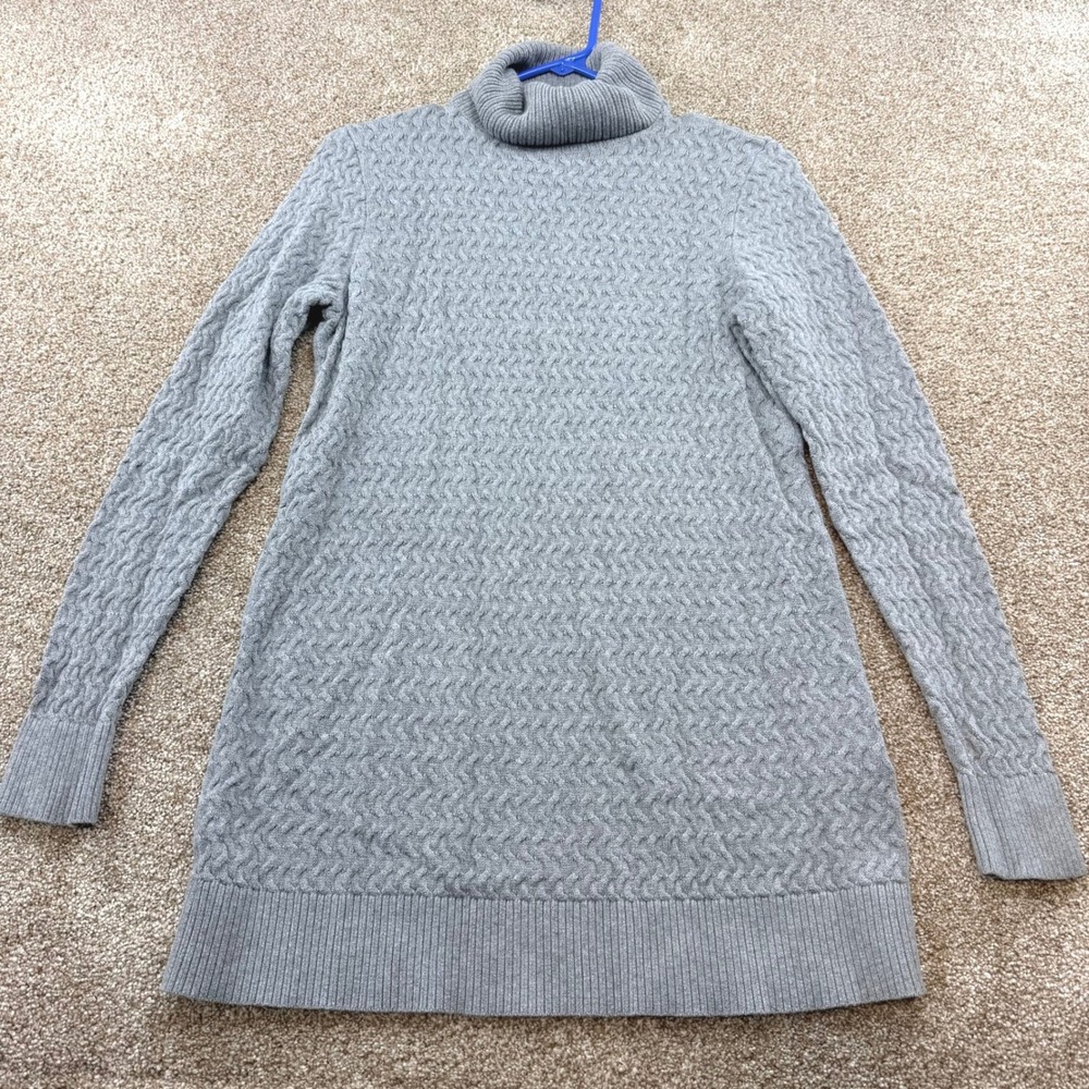 Lands End Womens Small Gray Cotton Textured Cable Knit Turtleneck Sweater Preppy